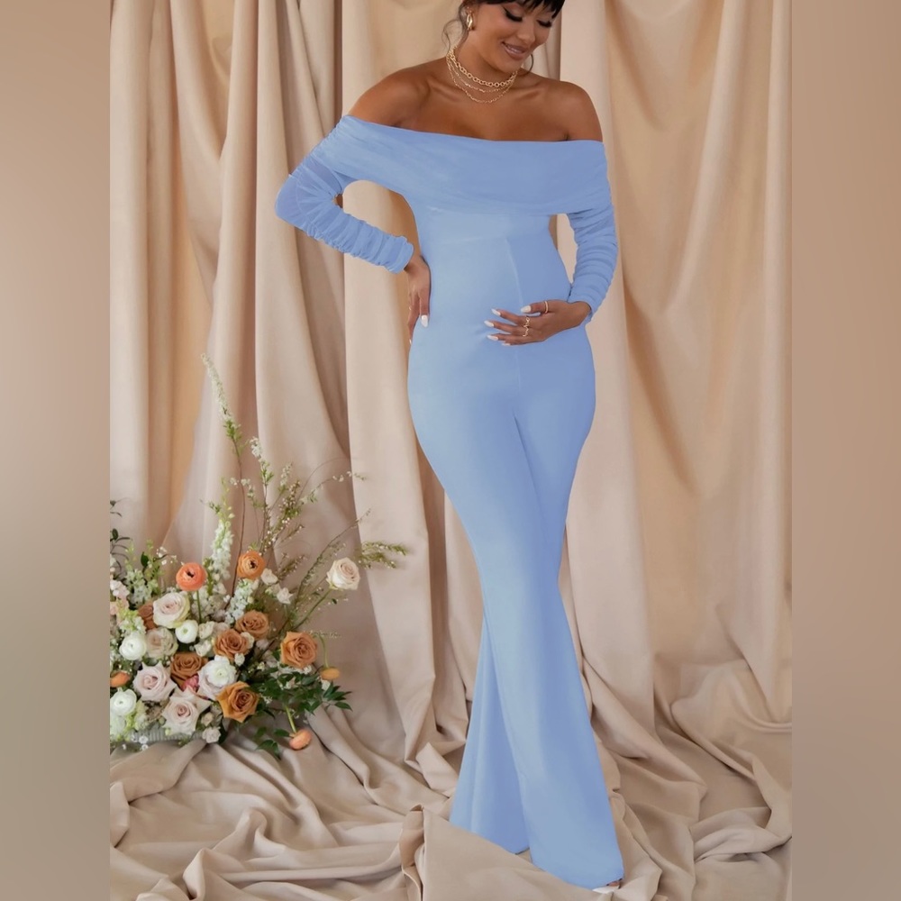 Powder blue maternity ruched mesh Bardot jumpsuit